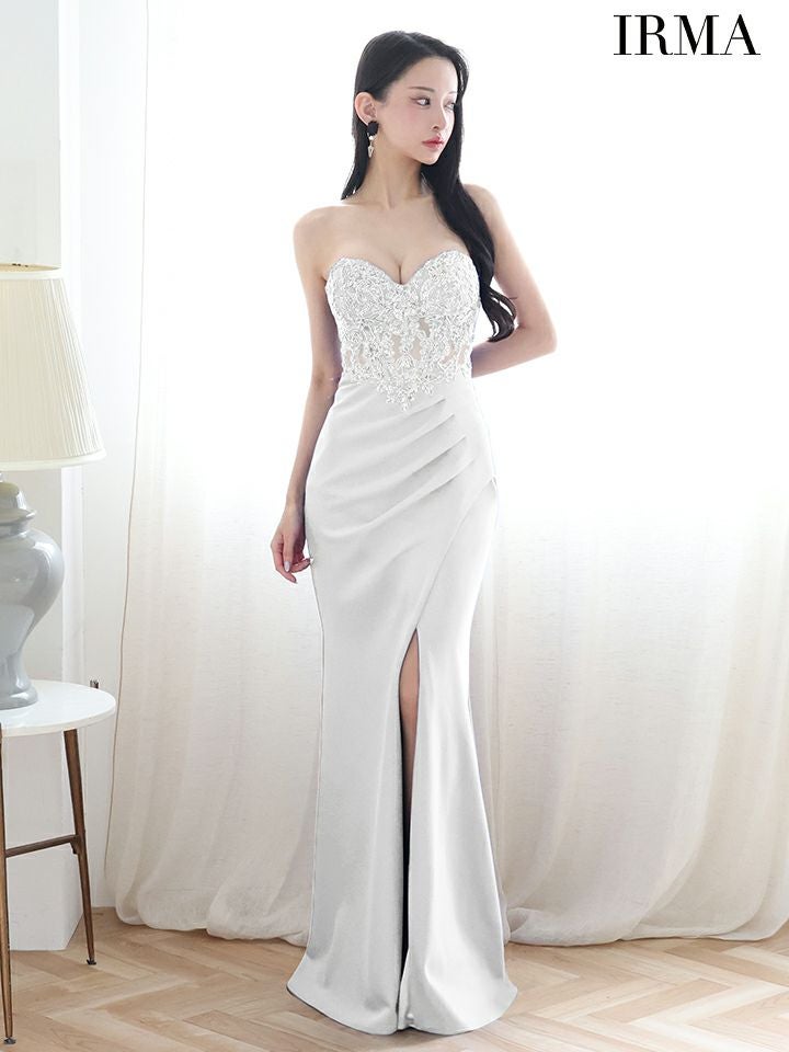 IRMA イルマ ワンカラー/ショールチョーカー付き/2way/刺繍/スリット入り/タイト ロングドレス ir51899