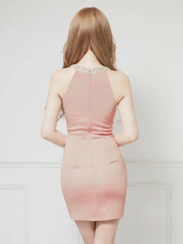 AngelR エンジェルアール ホルターネックビジューシフォンドレープパールチェーンタイトマイクロミニドレス ar25230