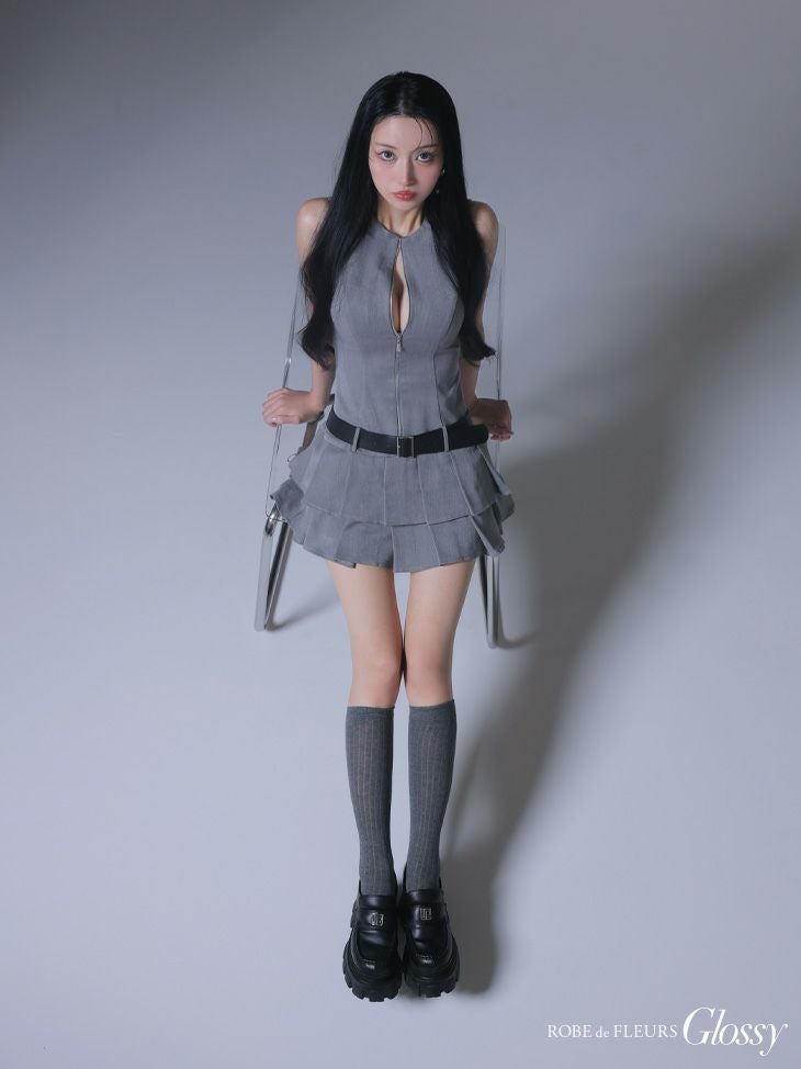 Glossy ローブドフルールグロッシー ベルト付きノースリーブセンタージップフレアミニキャバドレス gl4307-c