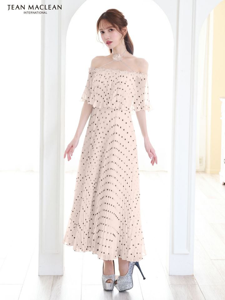 JEAN MACLEAN ジャンマクレーン オフショル/ドット柄/モノトーン/ローズコサージュチョーカー付き/3way/マキシ/フレア/ミディアムドレス ワンピース ja51854-c