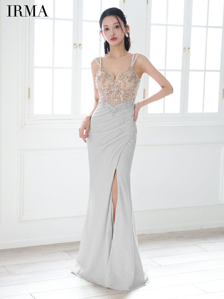 IRMA イルマ ビジュー/ヌードベース/スパンコール刺繍/変形スリット/タイト ロングドレス ir51857-c