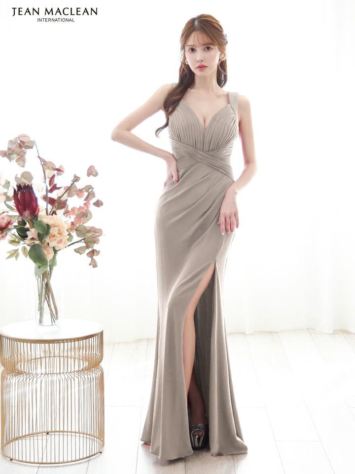 JEAN MACLEAN ジャンマクレーン ワンカラー/ラメニット/ウエストクロス/スリット入り/タイト/ロングドレス ja51861-c