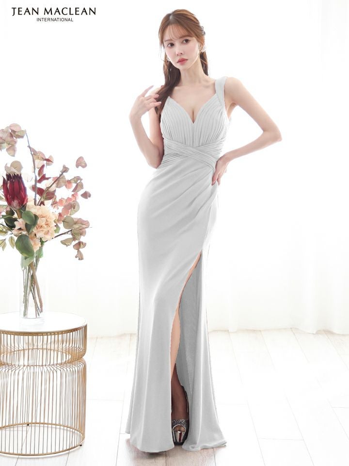JEAN MACLEAN ジャンマクレーン ワンカラー/ラメニット/ウエストクロス/スリット入り/タイト/ロングドレス ja51861-c