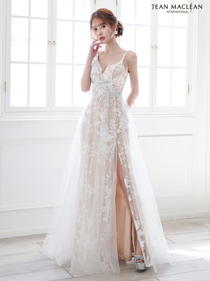 JEAN MACLEAN ジャンマクレーン フラワー総レース/ヌードベース/スリット入り/チュール/姫/ロングドレス ja51863-c