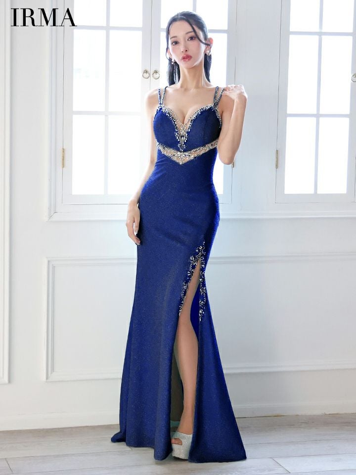 IRMA イルマ ウエストカットアウトシアー/ニット/刺繍/スリット入り/タイト ロングドレス ir51856-c