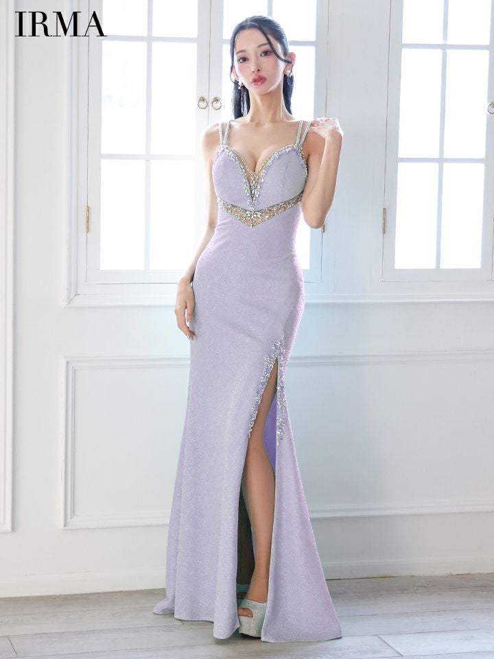 IRMA イルマ ウエストカットアウトシアー/ニット/刺繍/スリット入り/タイト ロングドレス ir51856-c