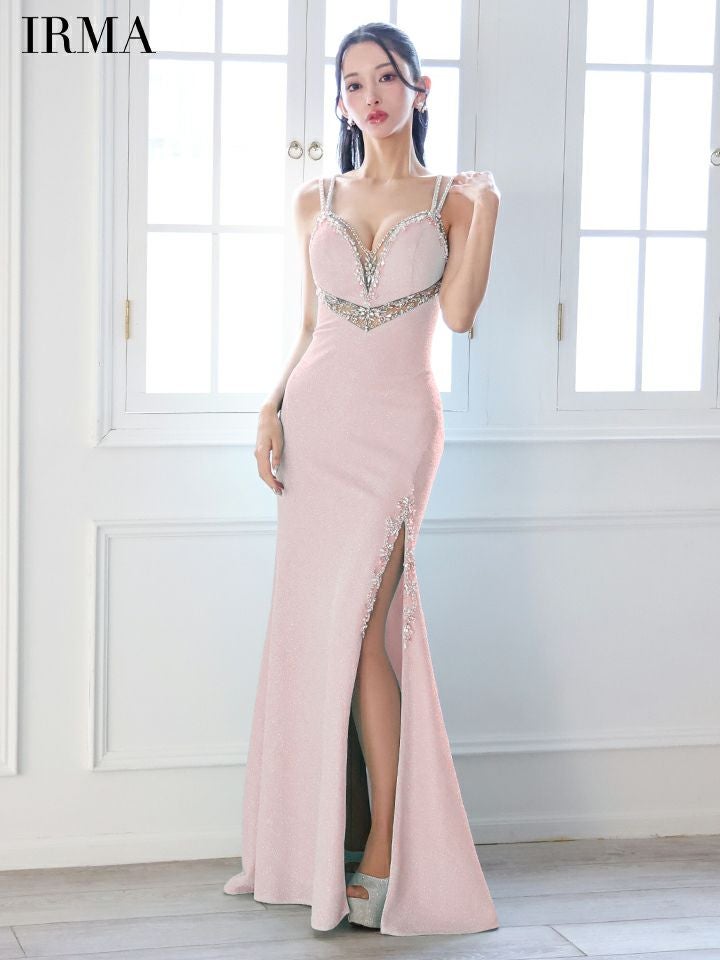 IRMA イルマ ウエストカットアウトシアー/ニット/刺繍/スリット入り/タイト ロングドレス ir51856-c