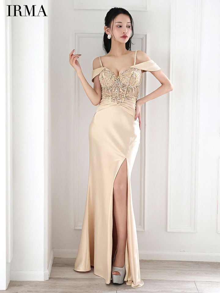  IRMA イルマ オフショル/ビジュー/ヌードベース/サテン/刺繍/スリット入り/タイト ロングドレス ir51859-c