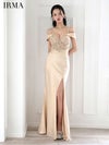  IRMA イルマ オフショル/ビジュー/ヌードベース/サテン/刺繍/スリット入り/タイト ロングドレス ir51859-c