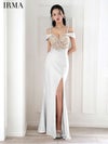  IRMA イルマ オフショル/ビジュー/ヌードベース/サテン/刺繍/スリット入り/タイト ロングドレス ir51859-c