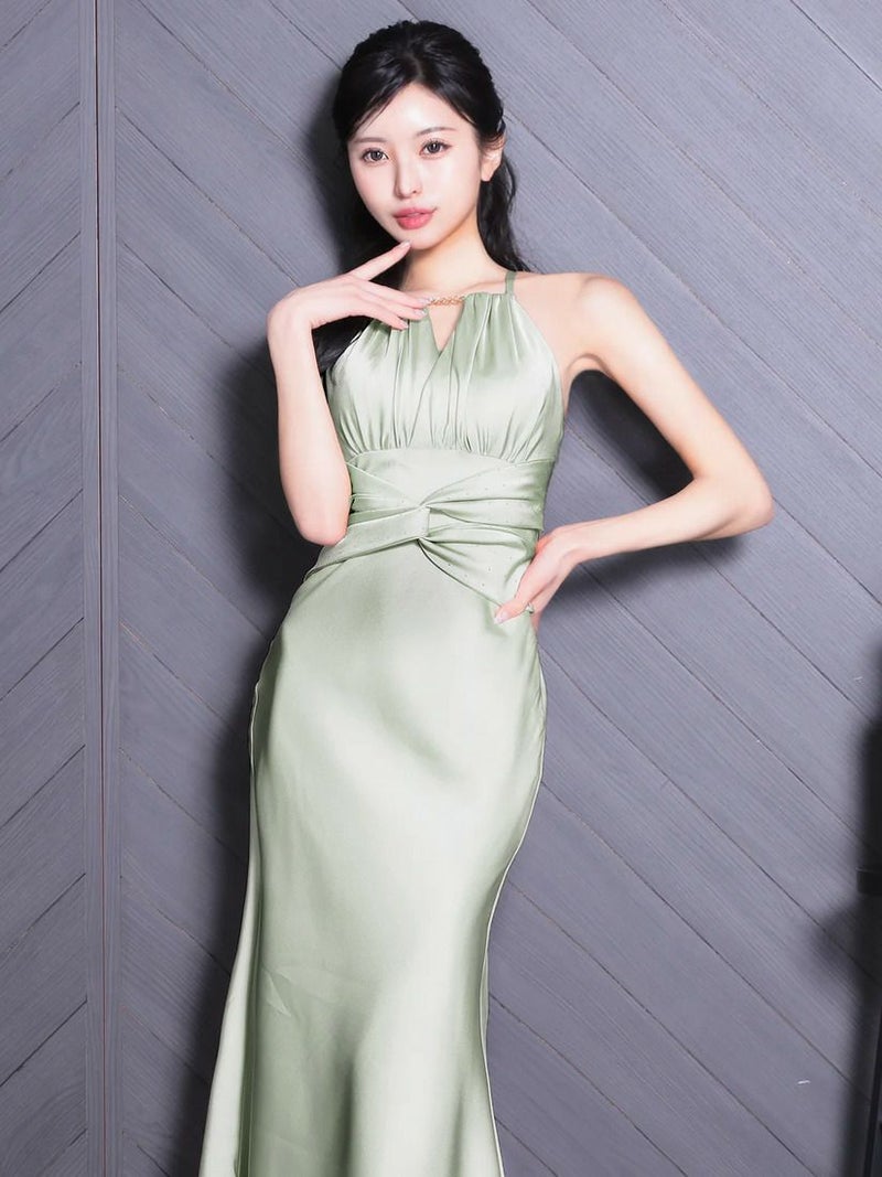 Veautt ヴュート ホルターネックギャザービジューウエストクロスデザインタイトミディアムドレス vt082518-ks