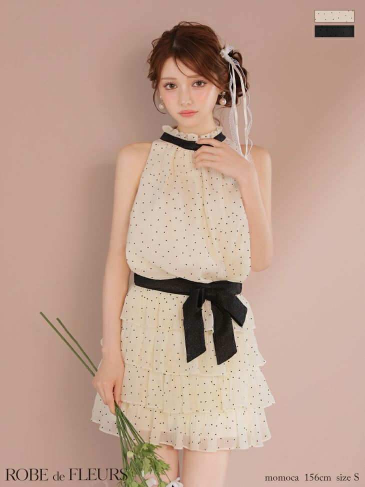 ROBE de FLEURS ローブドフルール ドットオーガンジーウエストリボンティアードフレアミニキャバドレス fm3396