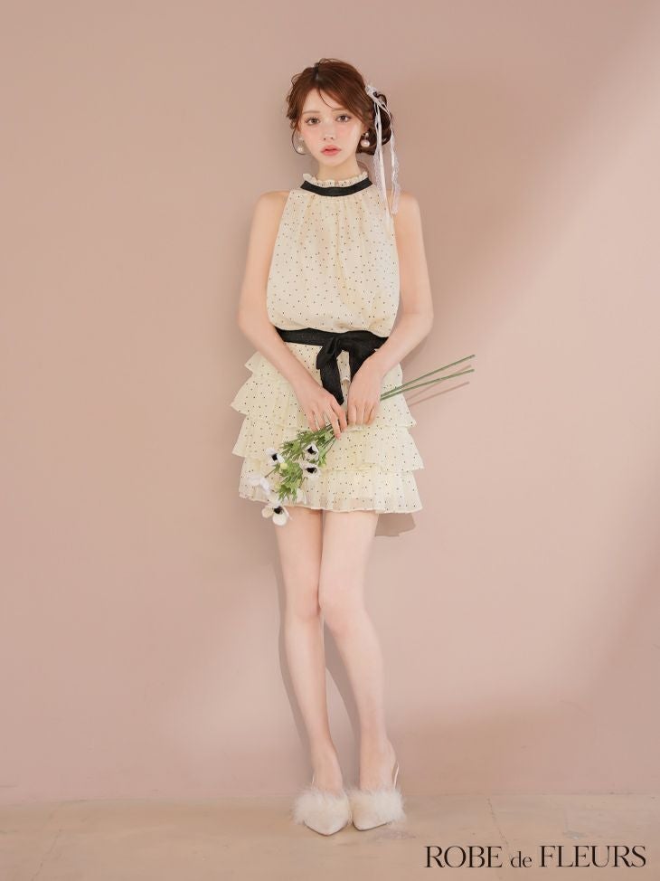 ROBE de FLEURS ローブドフルール ドットオーガンジーウエストリボンティアードフレアミニキャバドレス fm3396