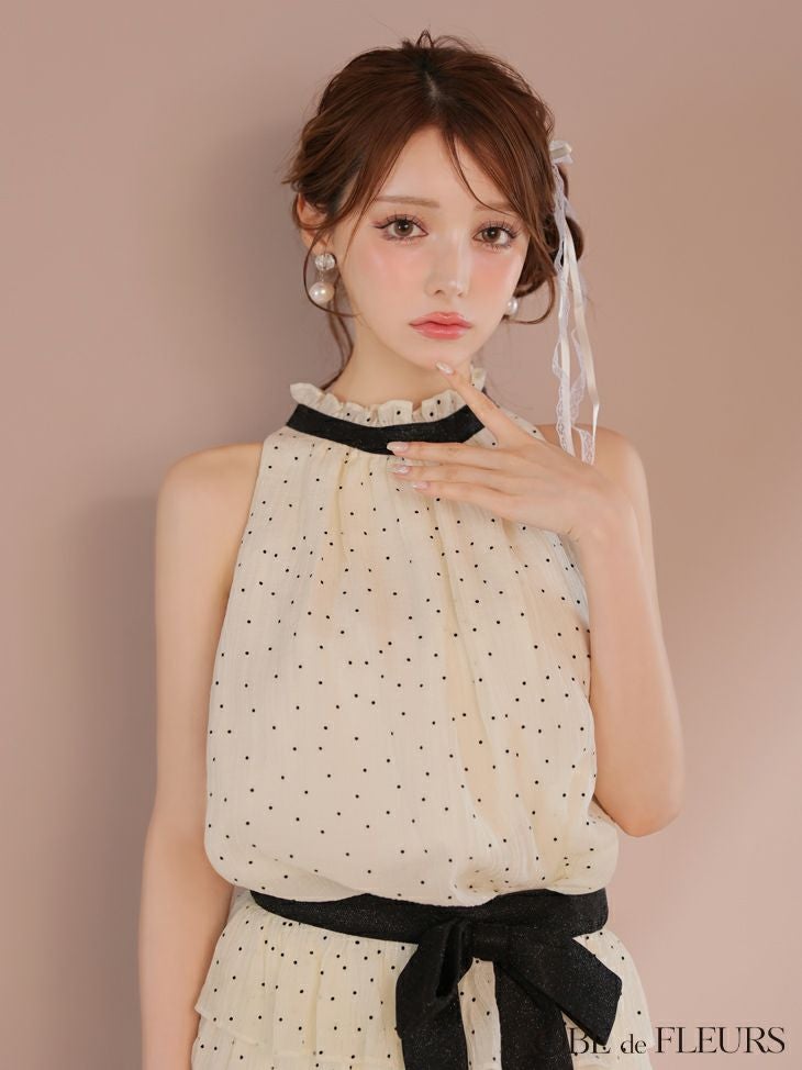 ROBE de FLEURS ローブドフルール ドットオーガンジーウエストリボンティアードフレアミニキャバドレス fm3396