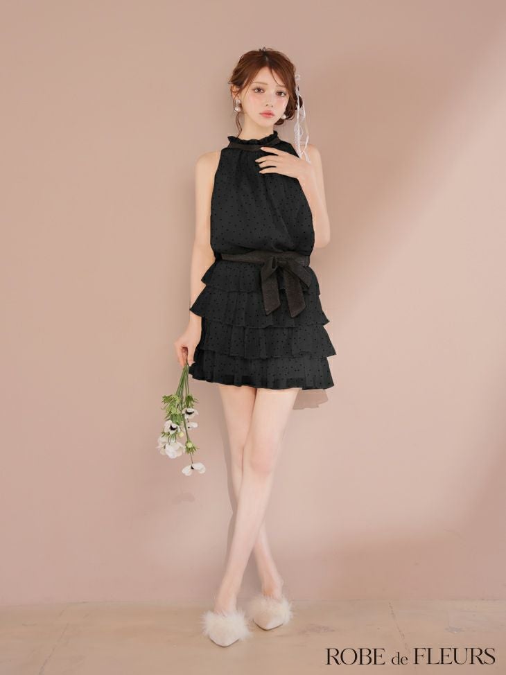 ROBE de FLEURS ローブドフルール ドットオーガンジーウエストリボンティアードフレアミニキャバドレス fm3396