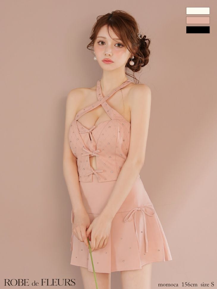 ROBE de FLEURS ローブドフルール クロスホルタービジューミニリボンセットアップキャバドレス fm4400-c