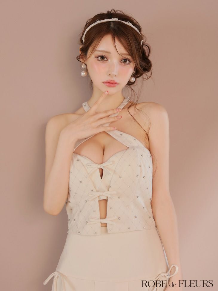 ROBE de FLEURS ローブドフルール クロスホルタービジューミニリボンセットアップキャバドレス fm4400-c