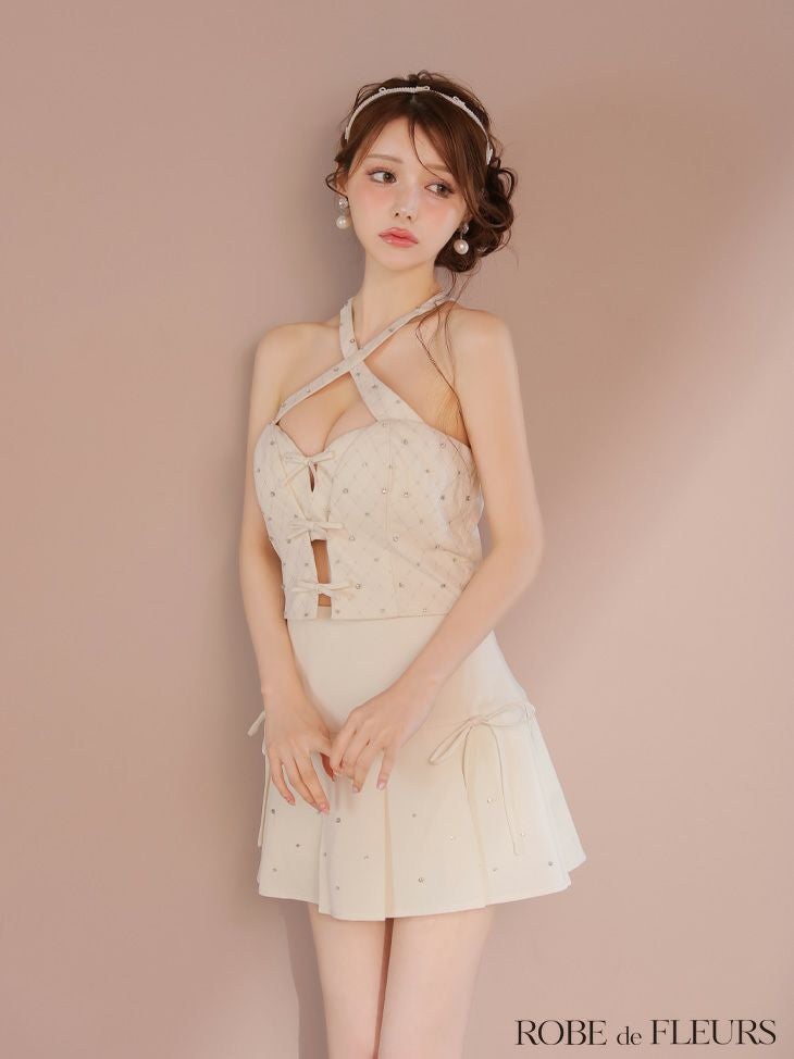 ROBE de FLEURS ローブドフルール クロスホルタービジューミニリボンセットアップキャバドレス fm4400-c