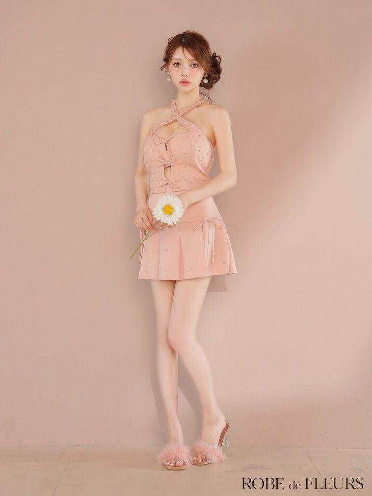 ROBE de FLEURS ローブドフルール クロスホルタービジューミニリボンセットアップキャバドレス fm4400-c