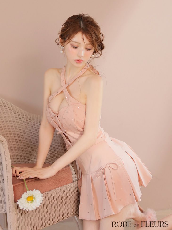 ROBE de FLEURS ローブドフルール クロスホルタービジューミニリボンセットアップキャバドレス fm4400-c