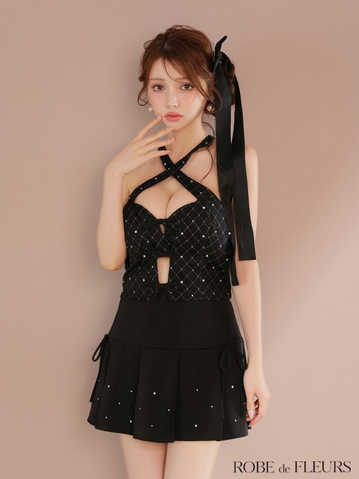ROBE de FLEURS ローブドフルール クロスホルタービジューミニリボンセットアップキャバドレス fm4400-c