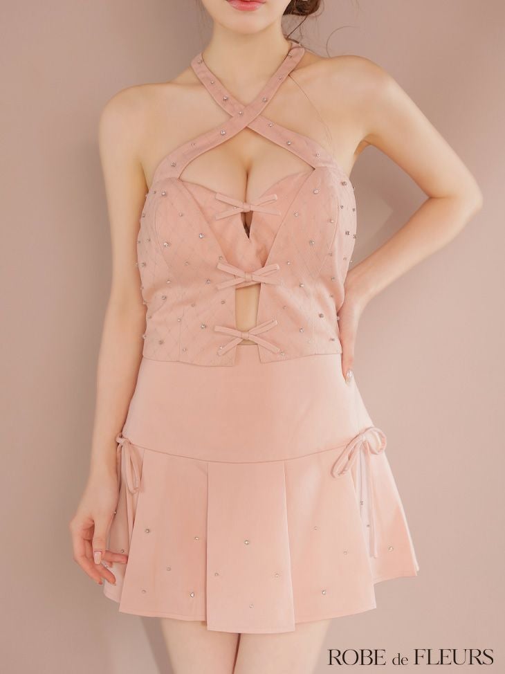 ROBE de FLEURS ローブドフルール クロスホルタービジューミニリボンセットアップキャバドレス fm4400-c