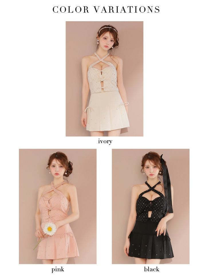 ROBE de FLEURS ローブドフルール クロスホルタービジューミニリボンセットアップキャバドレス fm4400-c