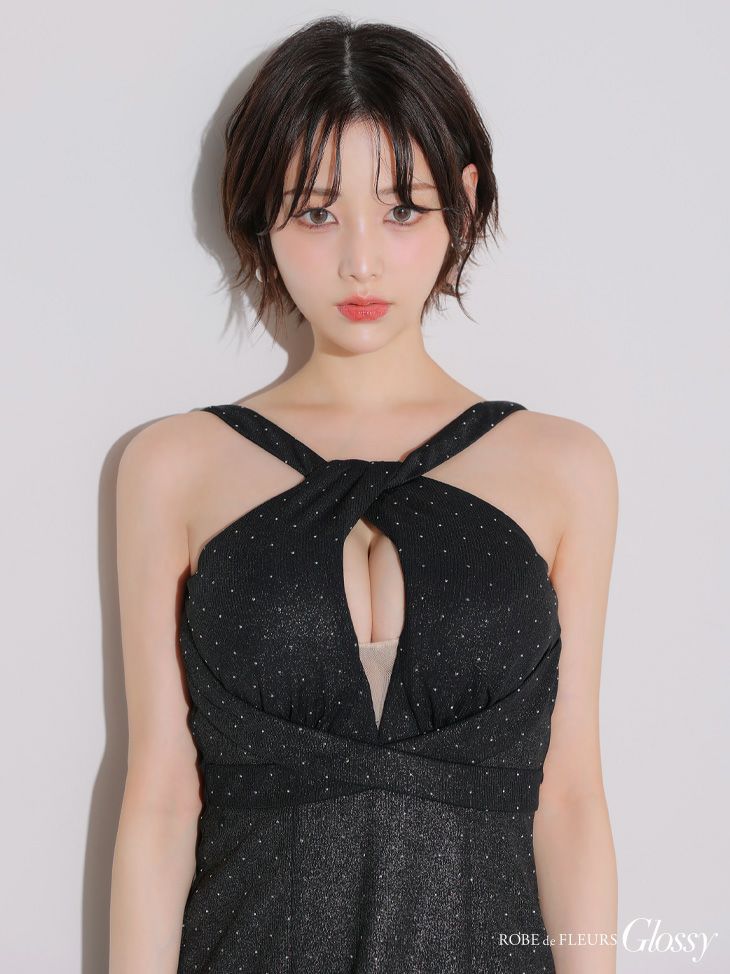 Glossy by ROBE de FLEURS ラメニット ブラックS Glossy ローブドフルールグロッシー クロスネックデザインストーン