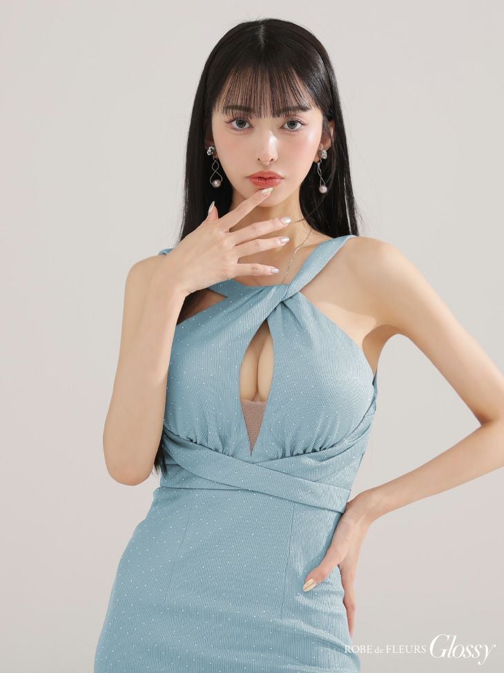 Glossy ローブドフルールグロッシー クロスネックデザインストーンラメニットミニキャバドレス gl3941-c