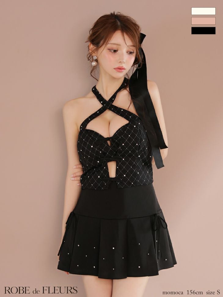 ROBE de FLEURS ローブドフルール クロスホルタービジューミニリボン