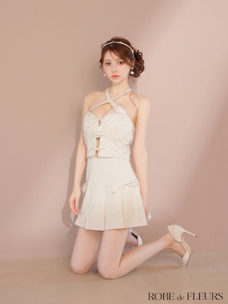 ROBE de FLEURS ローブドフルール クロスホルタービジューミニリボンセットアップキャバドレス fm4400