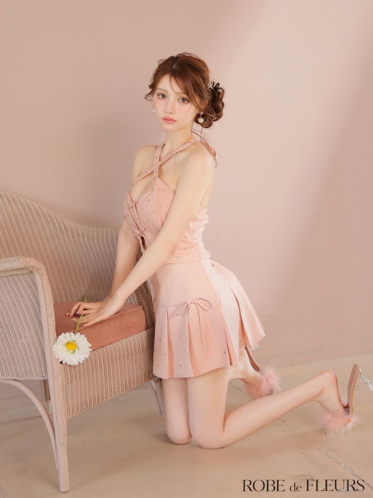 ROBE de FLEURS ローブドフルール クロスホルタービジューミニリボンセットアップキャバドレス fm4400