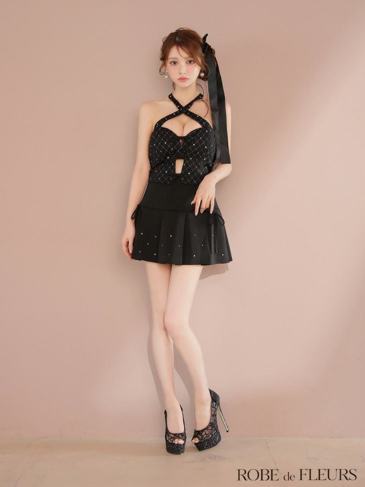 ROBE de FLEURS ローブドフルール クロスホルタービジューミニリボンセットアップキャバドレス fm4400