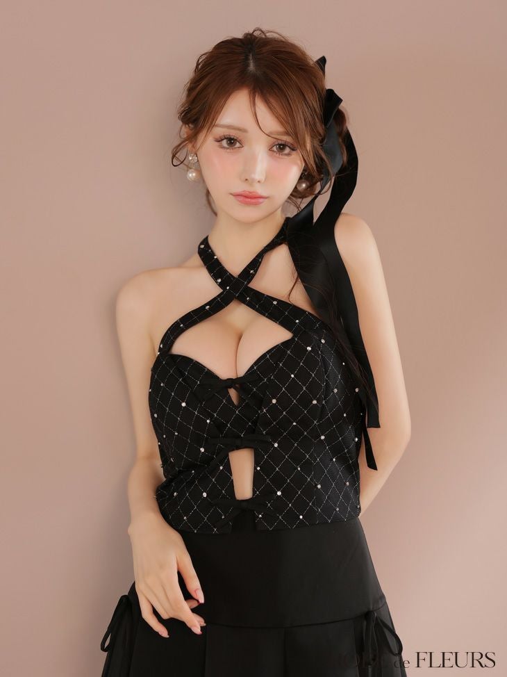ROBE de FLEURS ローブドフルール クロスホルタービジューミニリボンセットアップキャバドレス fm4400