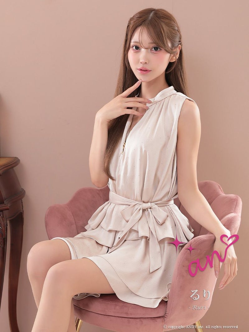 an アン ラメドット フロントジップ ウエストリボン ティアード フレア ミニドレス aoc-3946