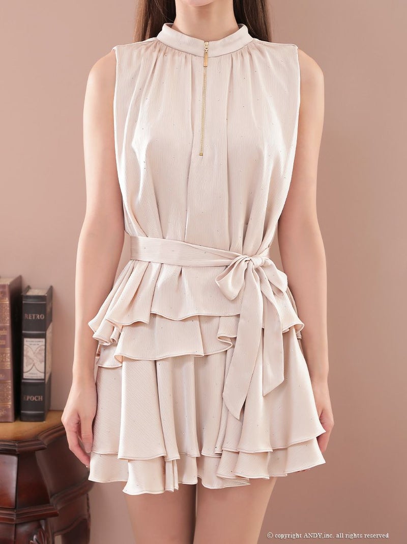 an アン ラメドット フロントジップ ウエストリボン ティアード フレア ミニドレス aoc-3946