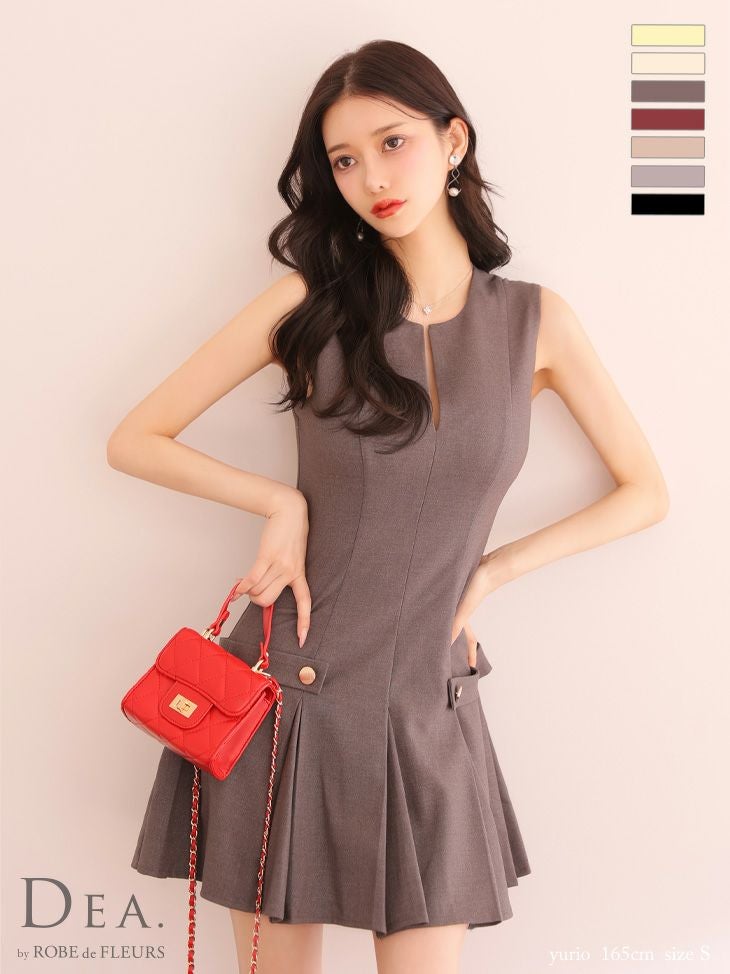 DEA. ディア バイ ローブドフルール グレージュ シンプルサイドベルトモチーフノースリーブプリーツミニキャバドレス de3362-6