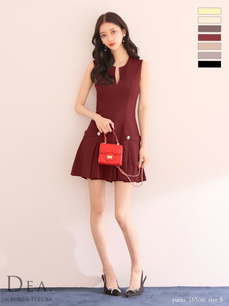 DEA. ディア バイ ローブドフルール グレージュ シンプルサイドベルトモチーフノースリーブプリーツミニキャバドレス de3362-6