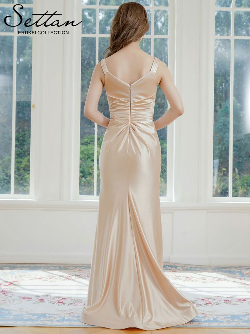 ERUKEI エルケイ ベージュ・ノースリーブ・キャミソール・シンプル・セクシー・キャザー・サテン・スリット・Aライン・ロングドレス ek-s37117