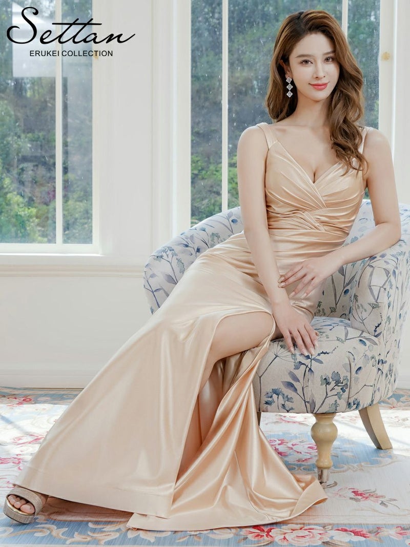 ERUKEI エルケイ ベージュ・ノースリーブ・キャミソール・シンプル・セクシー・キャザー・サテン・スリット・Aライン・ロングドレス ek-s37117
