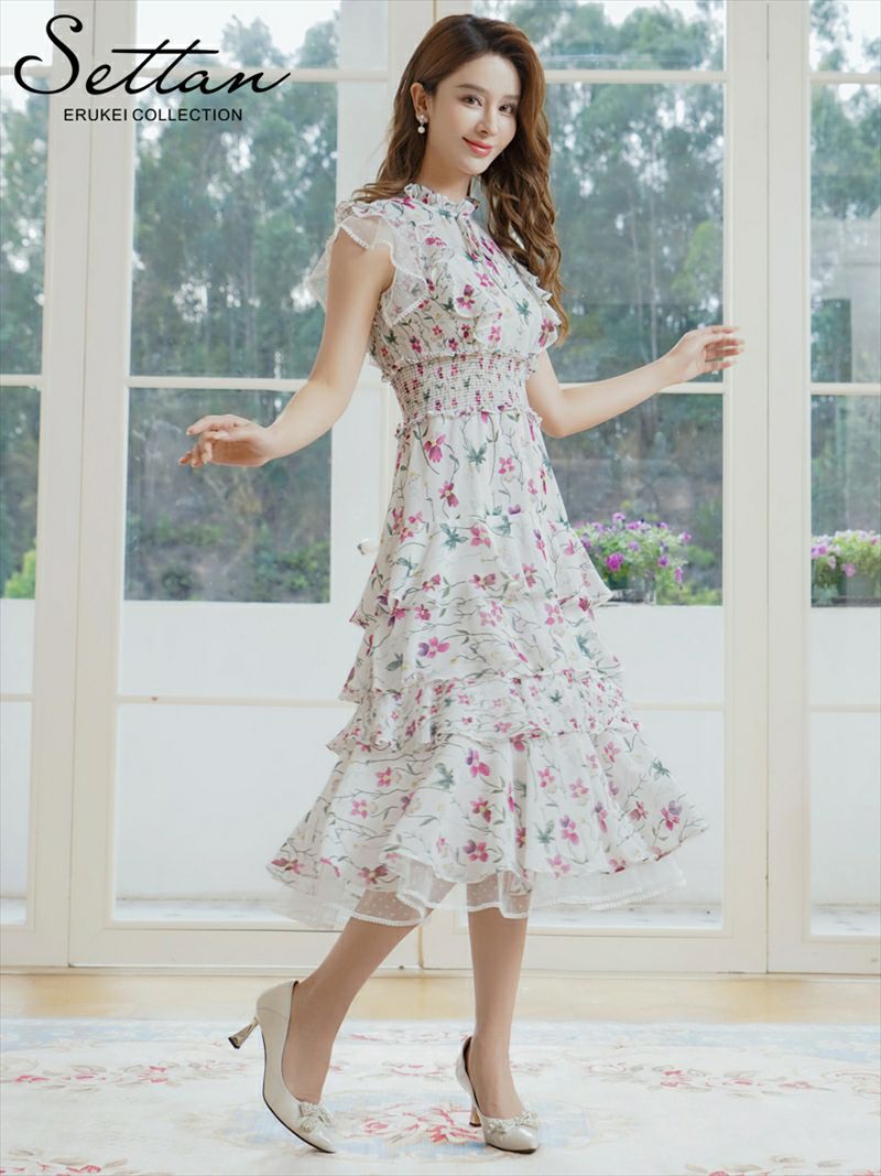ERUKEI エルケイ パープル×グリーン・花柄・プリント・シフォン