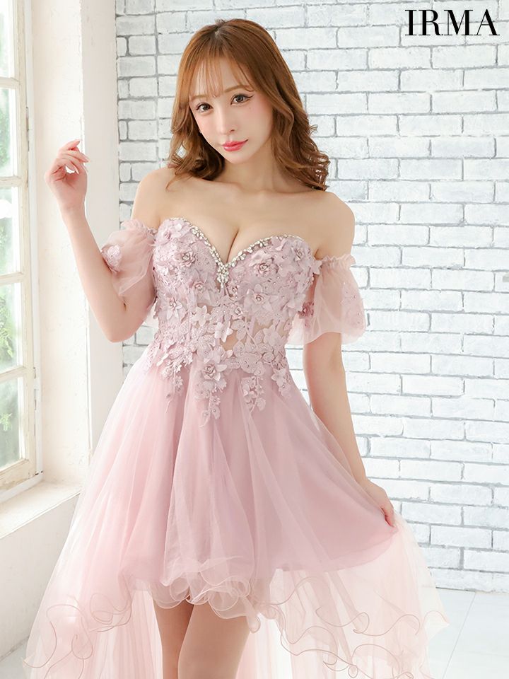 IRMA イルマ フラワーモチーフ/オフショル/パフスリーブ付き/チュール/前ミニ/ロングドレス ir41567-c