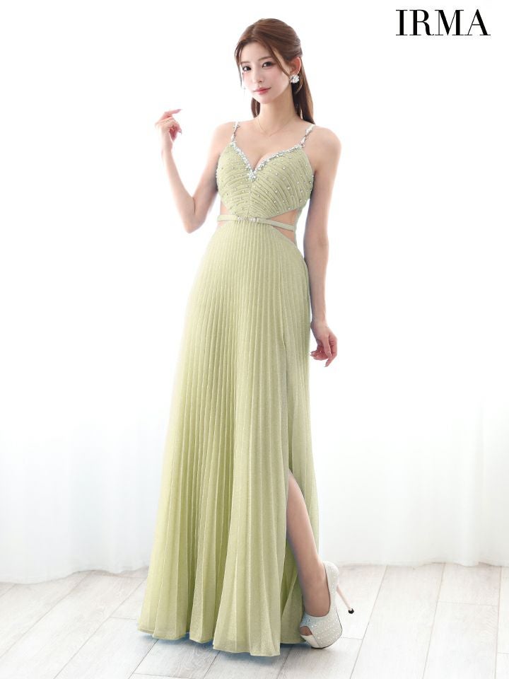 IRMA イルマ ラメニット/パールチェーンショルダー/ウエストカット/ベルトデザイン/ビジュー/プリーツ/ロングドレス ir51879-c