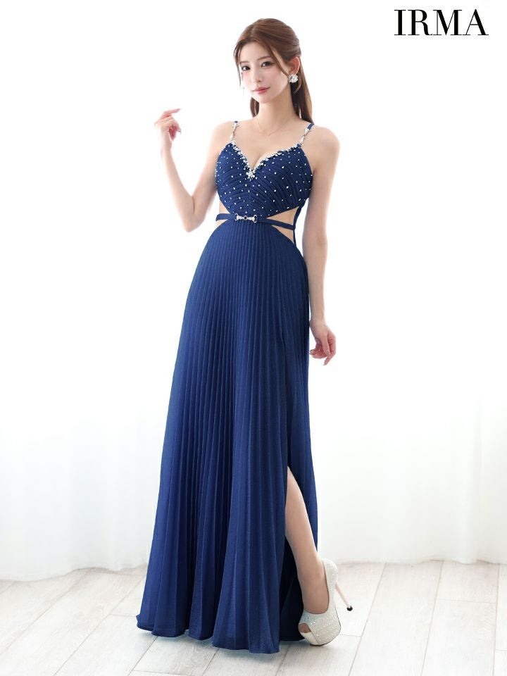 IRMA イルマ ラメニット/パールチェーンショルダー/ウエストカット/ベルトデザイン/ビジュー/プリーツ/ロングドレス ir51879-c