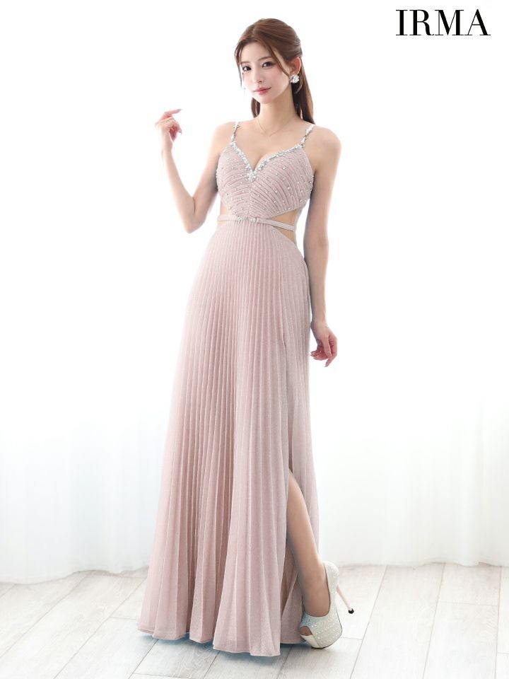 IRMA イルマ ラメニット/パールチェーンショルダー/ウエストカット/ベルトデザイン/ビジュー/プリーツ/ロングドレス ir51879-c