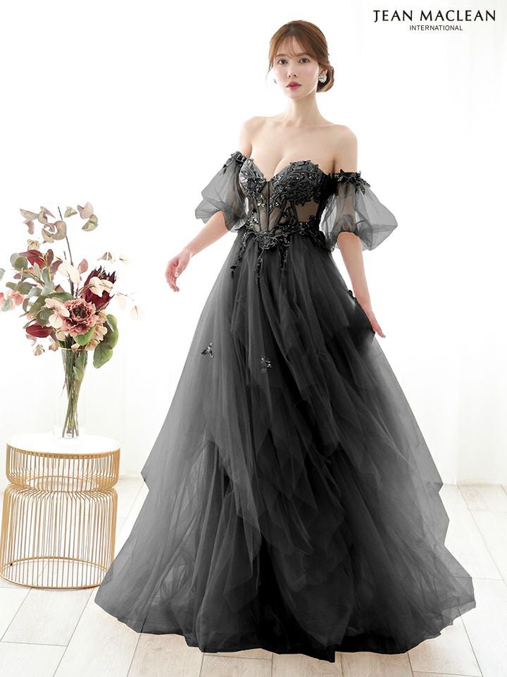 JEAN MACLEAN ジャンマクレーン ワンカラー/コルセット/ビジュー刺繍/チューリップスリーブ/姫/ロングドレス ja51884-c