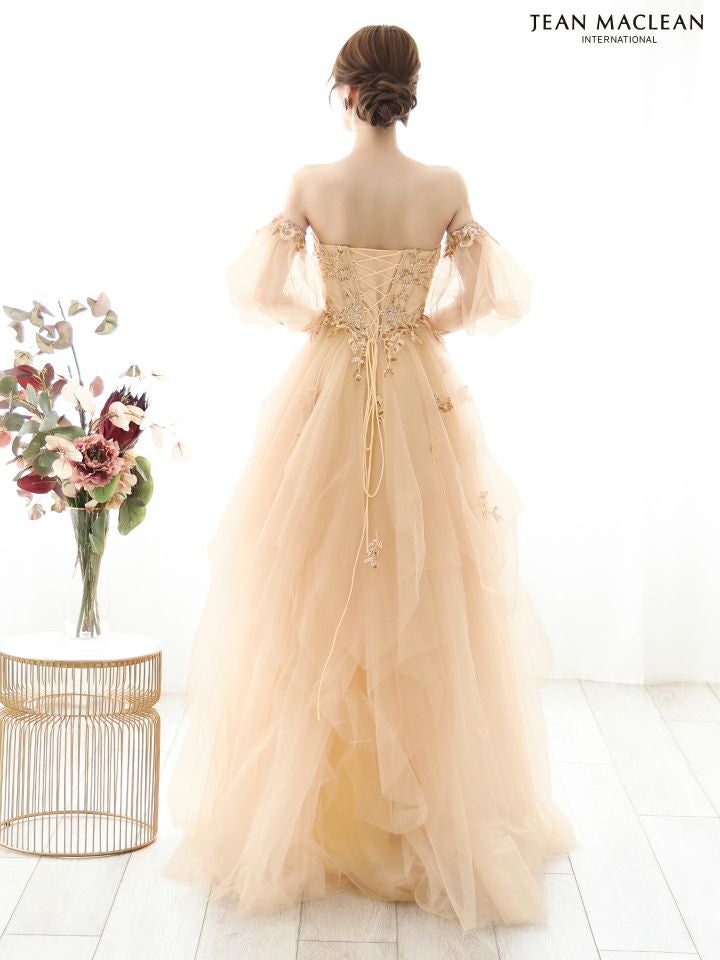 JEAN MACLEAN ジャンマクレーン ワンカラー/コルセット/ビジュー刺繍/チューリップスリーブ/姫/ロングドレス ja51884-c