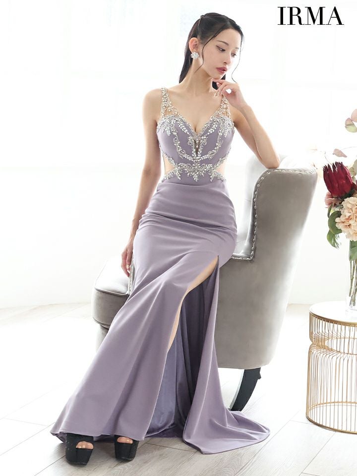 IRMA イルマ シルバークリスタルビジュー/カットアウト/スリット入り/タイト ロングドレス ir51875-c