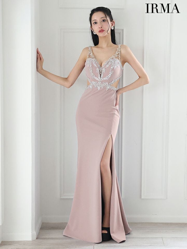 IRMA イルマ シルバークリスタルビジュー/カットアウト/スリット入り/タイト ロングドレス ir51875-c