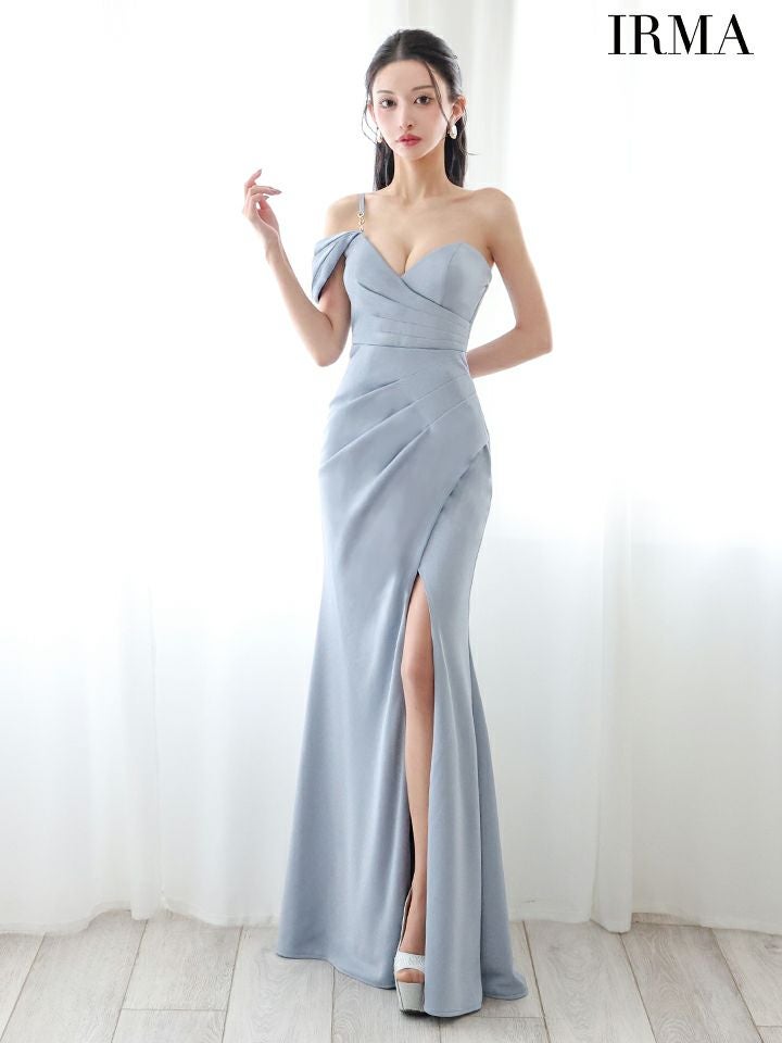 IRMA イルマ ワンオフショル/ワンカラー/シンプル/タックデザイン/スリット入り/タイト ロングドレス ir55084-c